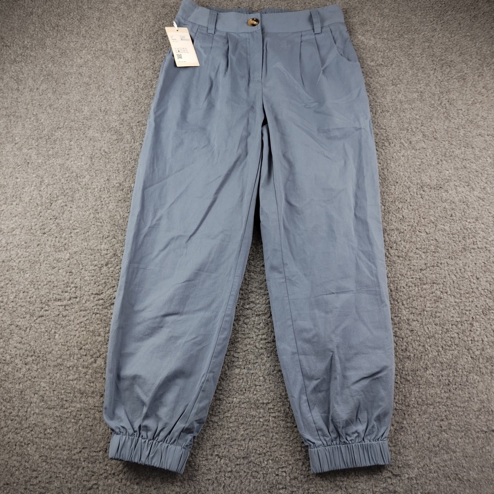 Halara Cotton Pants Sz Small Jogger Blue Grey Pleated High Rise Pockets NWT